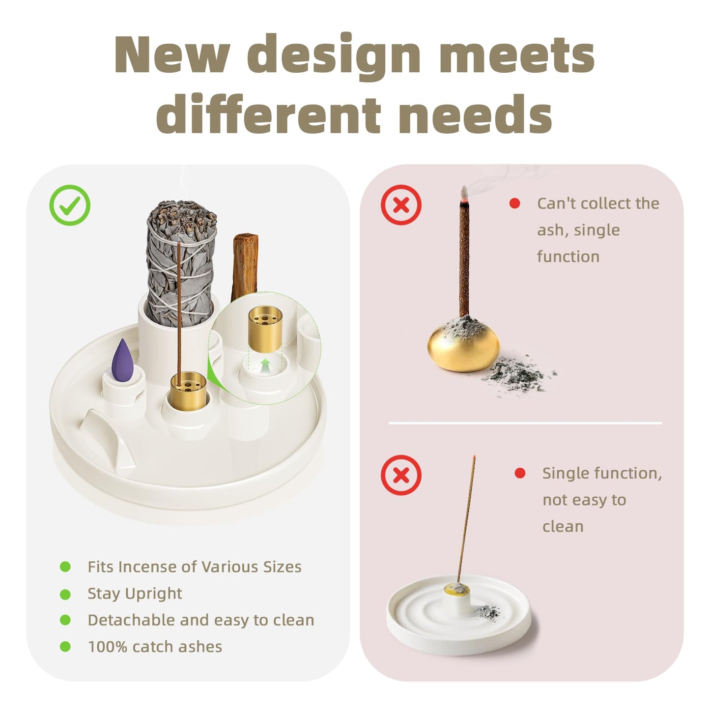 WhiteRhino Ceramic Incense Burner,6 in 1 Multifunction Incense Holder|Sage Holder for Burning|Palo Santo Holder|Candle Holder|Incense Cone Holder|Moon Shape Stand,Ash Catcher Tray for Meditation Yoga