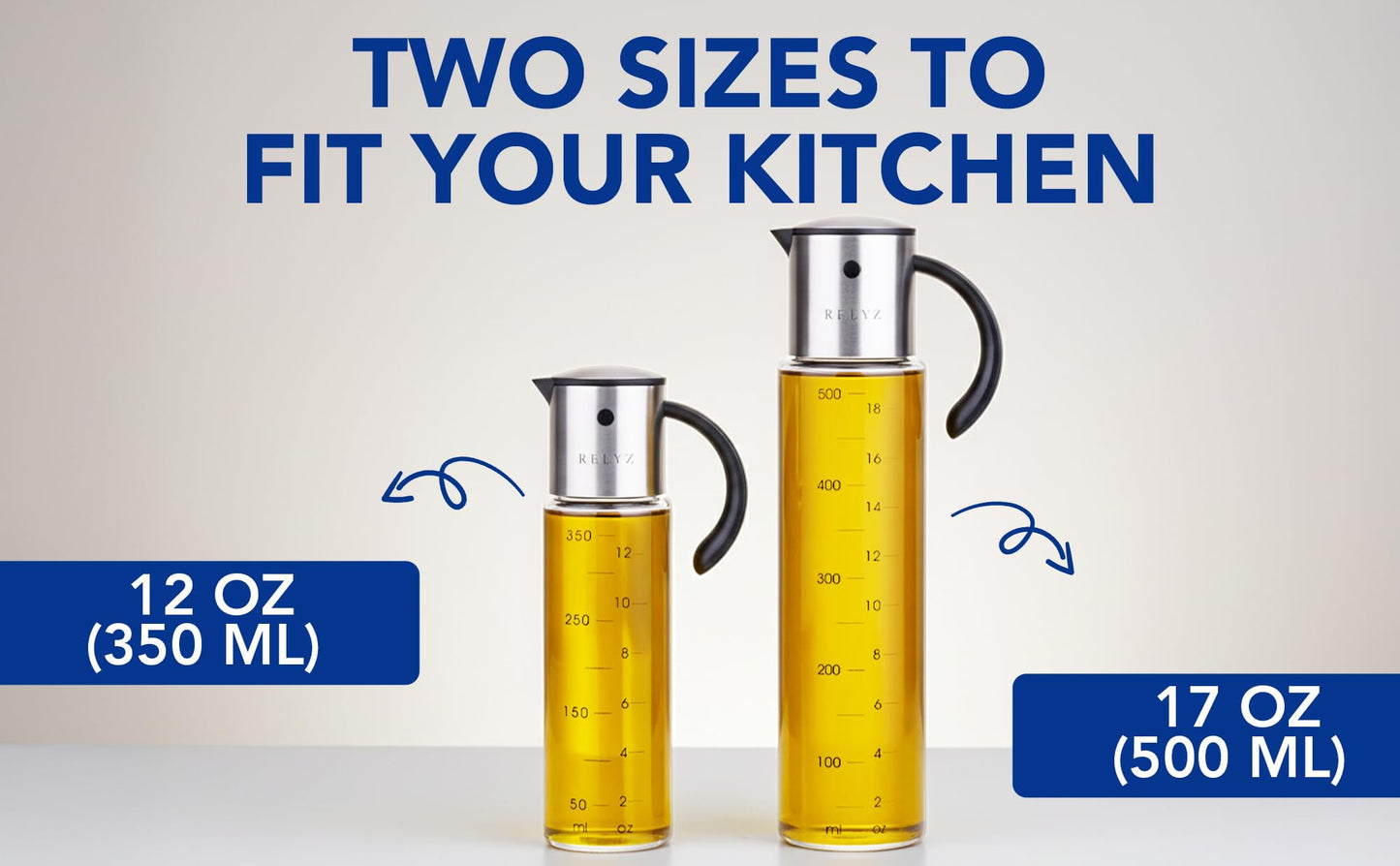 Large Glass Olive Oil Dispenser for Kitchen Cooking, Big 17oz Salad Dressing Container, Soy Sauce Bottle - Leakproof No Drip Stainless Steel Metal Pour Spout, Clear Measuring Markings, Dishwasher Safe
