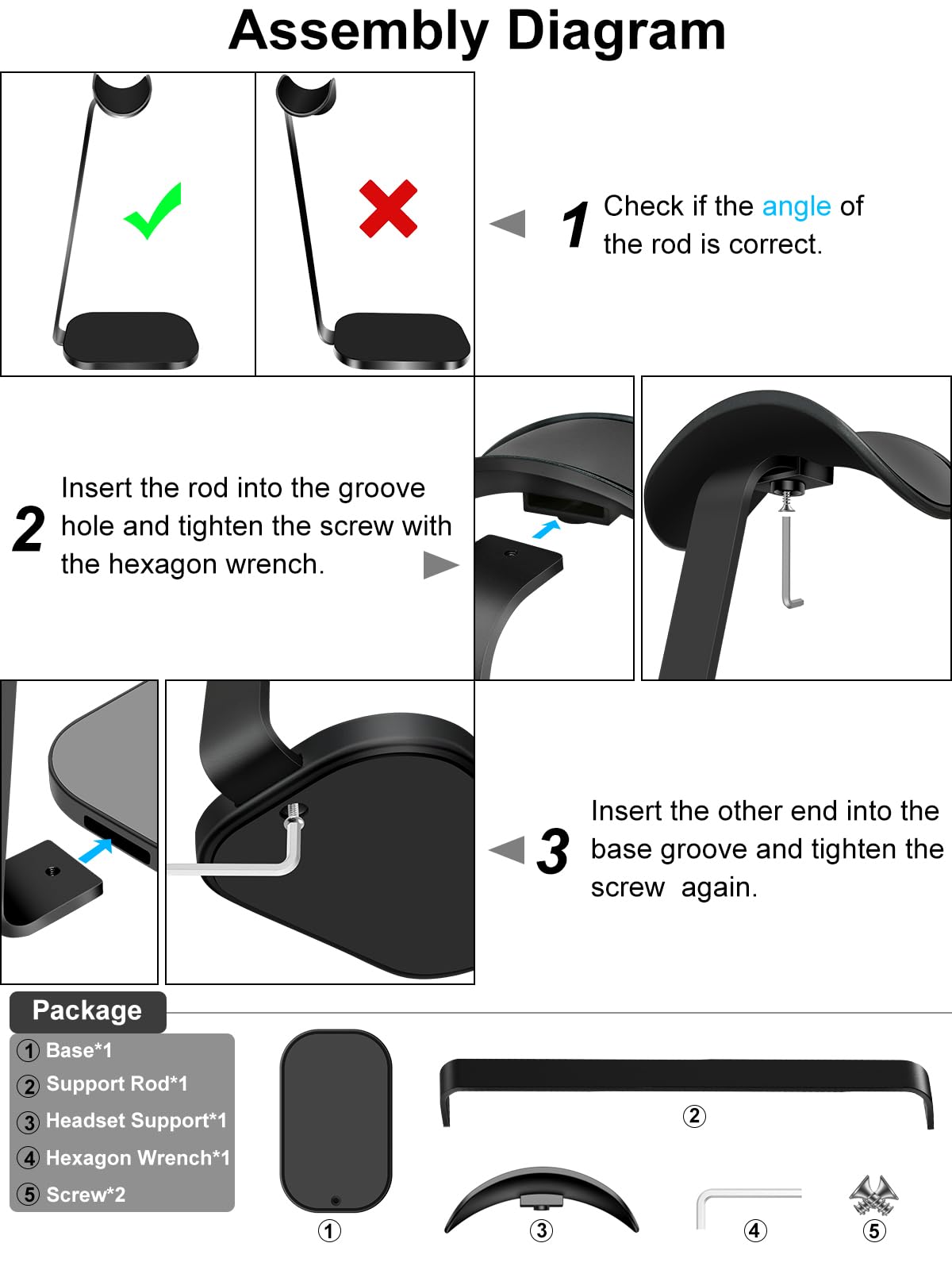 VICHYIE Headphone Stand for AirPods Max, Headset Holder with Aluminum Supporting Rod, Heavy Base Desk Stand Headphones Support Accessory for All Headphones - Black