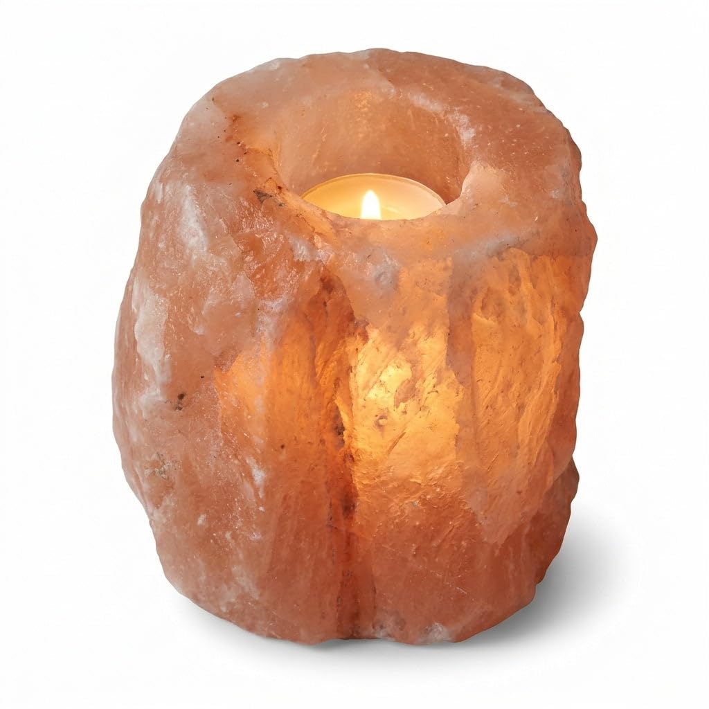 Deluxe Comfort Himalayan Salt Dual Tealight Candle Holder - Hand-Carved Natural Crystal Salt Lamp Glow, Soothing Warm Ambiance, Home Decor & Meditation Gift, Orange