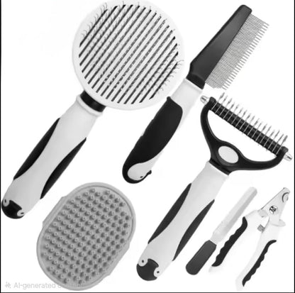 Dog Grooming Kit for Dogs at Home, 6-in-1 Pet Grooming Kit with Slicker Brush, Dematting Tool, Stainless Steel Comb, Nail Clipper for Dogs, Nail File & Bath Massage Glove