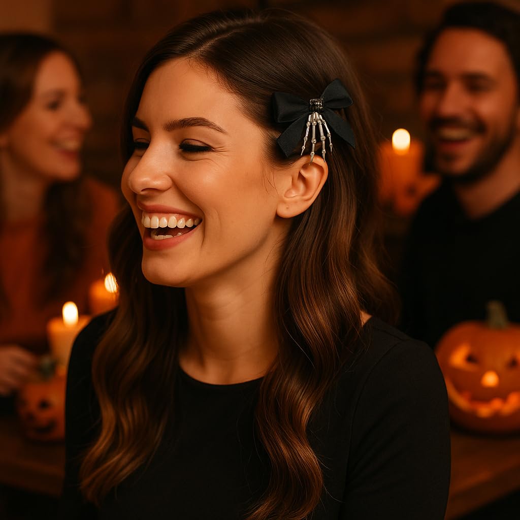 Utavu 2Pcs Skeleton Hand Hair Clips with Bowknot - Cute Skull Claw Hairpins for Girls, Party Cosplay