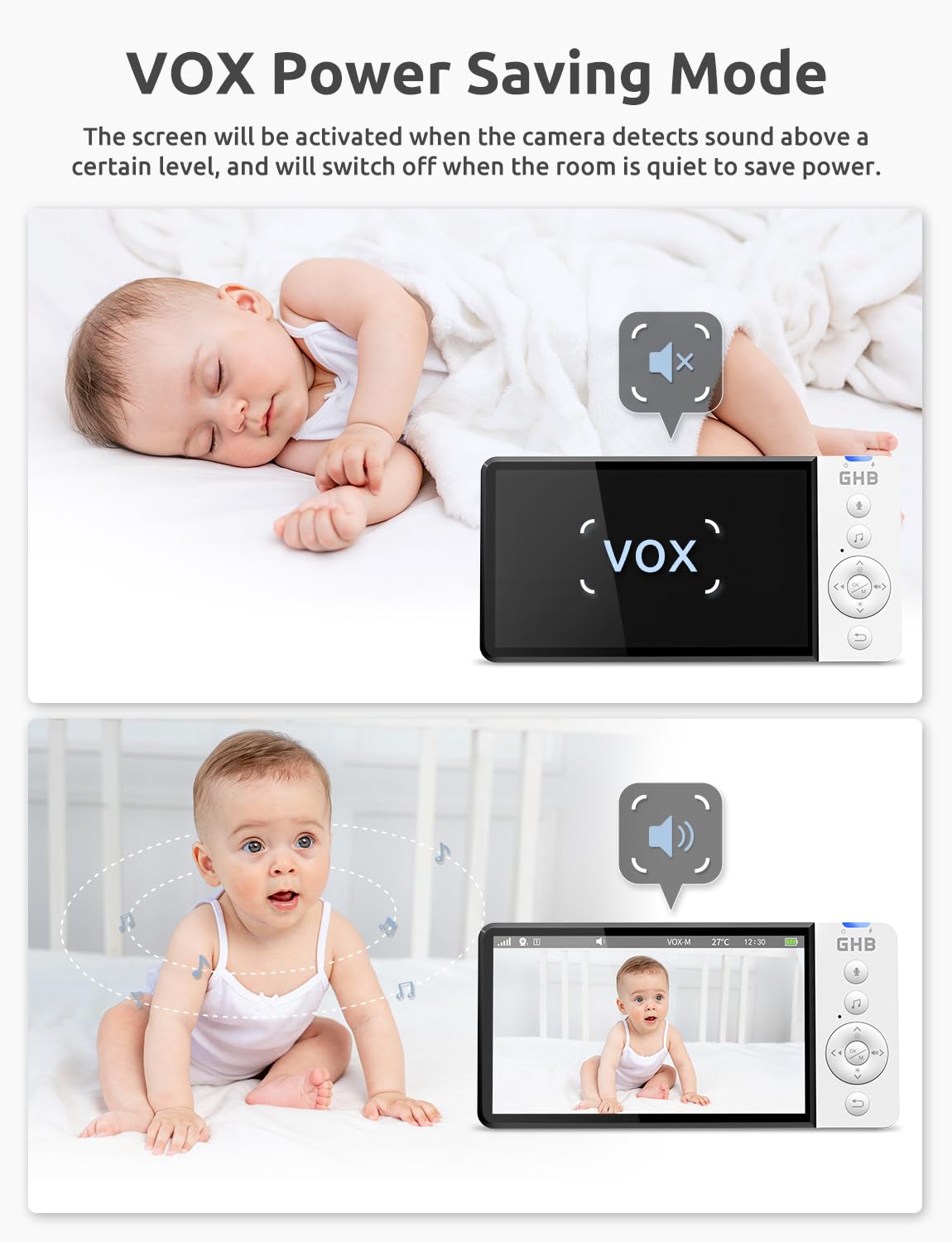 GHB Baby Monitor with Camera and Night Vision 5'' 720P HD 5000mAh Video Baby Monitor Camera IPS Screen, VOX Mode, 2-Way Audio, Temperature Alert, 8 Lullabies