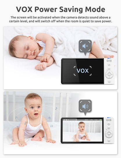 GHB Baby Monitor with Camera and Night Vision 5'' 720P HD 5000mAh Video Baby Monitor Camera IPS Screen, VOX Mode, 2-Way Audio, Temperature Alert, 8 Lullabies