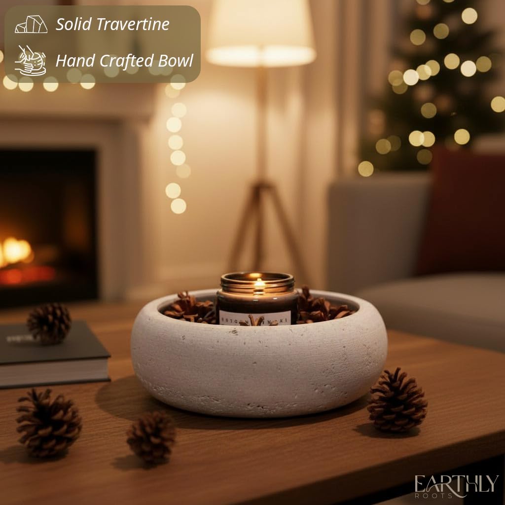EARTHLY ROOTS Travertine Decorative Bowl, 7.5” Natural Stone Candy Bowl, Coffee Table Catchall Dish for Living Room, Candle, Key, Trinket Holder & Hand Crafted Home Decor