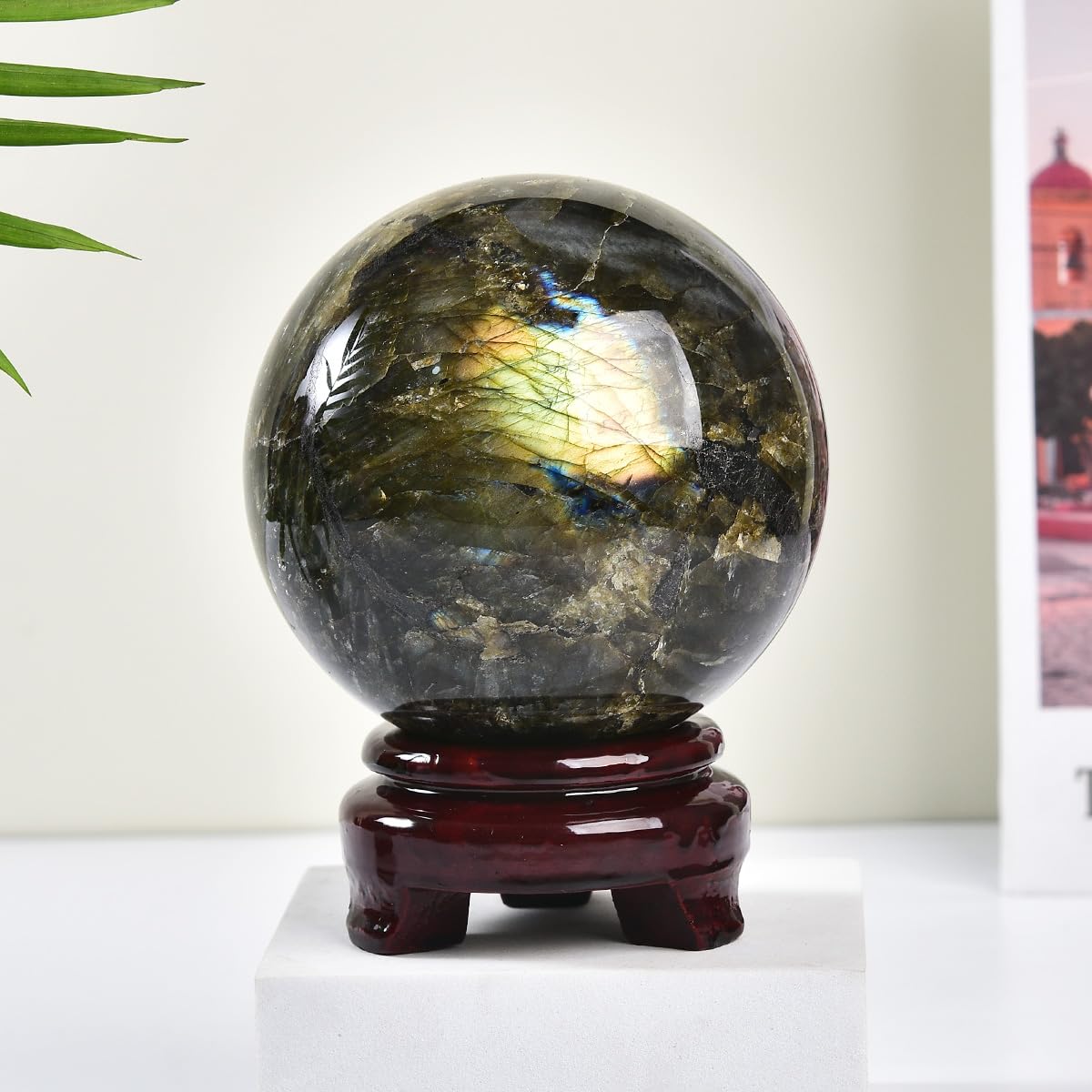 MOGEMT Labradorite Crystal Ball with Stand Large Crystals Sphere Decorative Ball Meditation Witchcraft Home Decor 90-100mm/3.5-3.9"