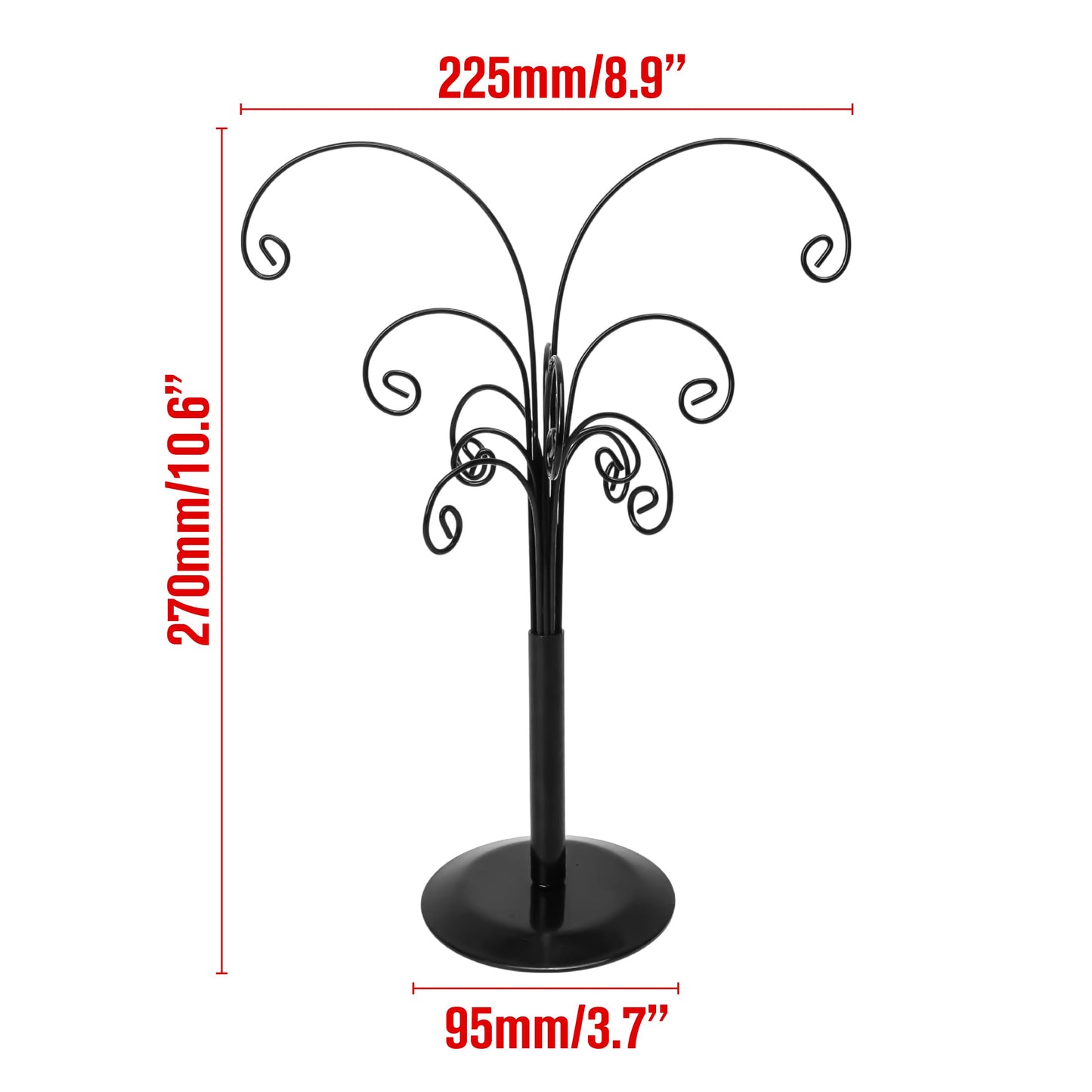 Ornament Tree Display Stand Wire Tree – 10.6 Inch Black Rotating Wrought Iron Tabletop Holder with Multiple Hooks for Hanging Glass Ornaments, Balls, Jewelry, and Small Craft Items – Decorative Rack