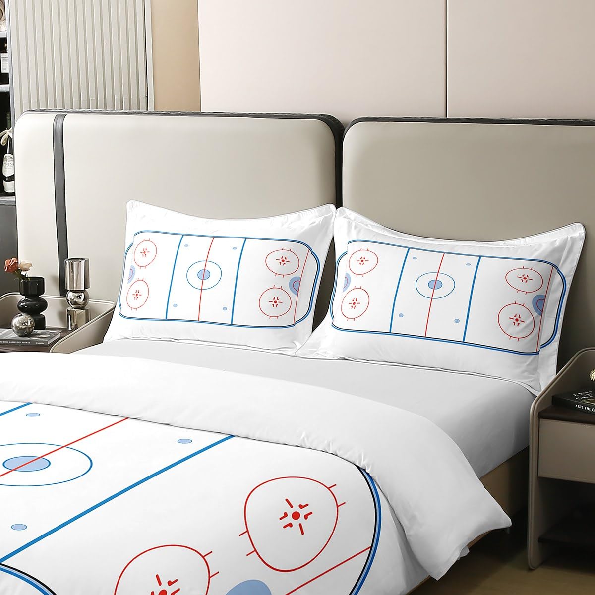 Erosebridal Hockey 100% Cotton Duvet Cover Twin Size,Ice Puck Hockey Rink Bedding Set for Boys Kids Teens,Winter Sport Game Comforter Cover,Red Blue Stripes Decor Bedspread Cover with 1 Pillow Case