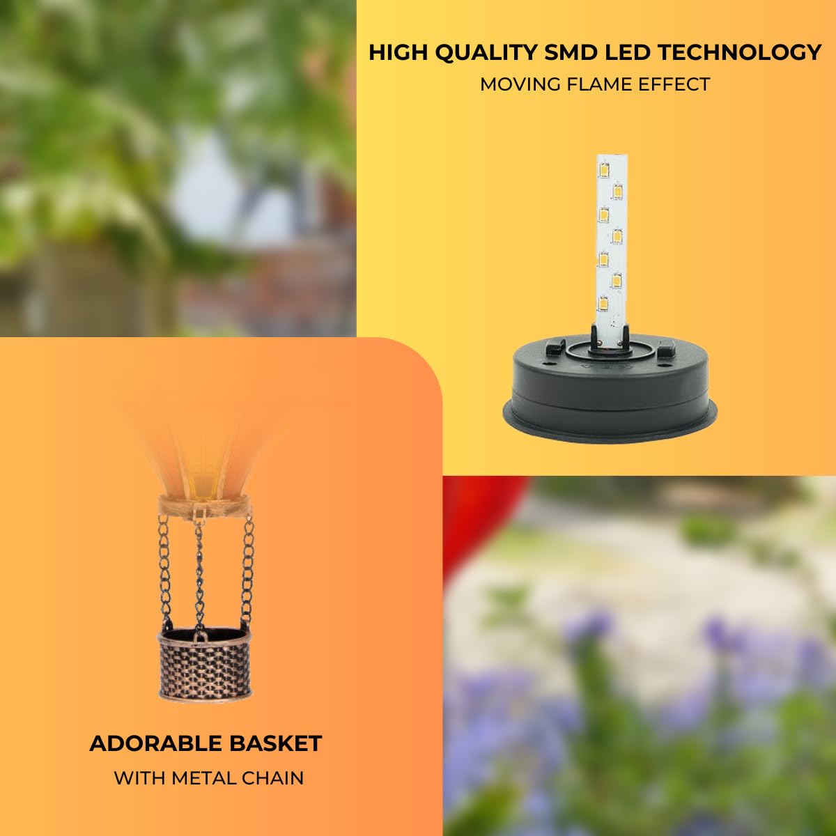 Festive Lights - 45cm Solar Power Rainbow Stain Cool Fiesta Realistic Flame Outdoor Hanging SMD LED Hot Air Balloon Lantern - Multicoloured Glass Effect Flaming Garden Light with Handle