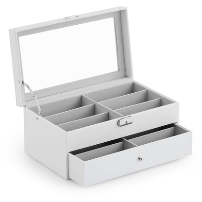 CO-Z Sunglasses Organizer with 12 Slots, Leather Eyeglasses Storage Box for Women Men, 2 Story Lockable Display Case for Multiple Glasses, Sunglasses Jewelry Collection Holder with Drawer, White