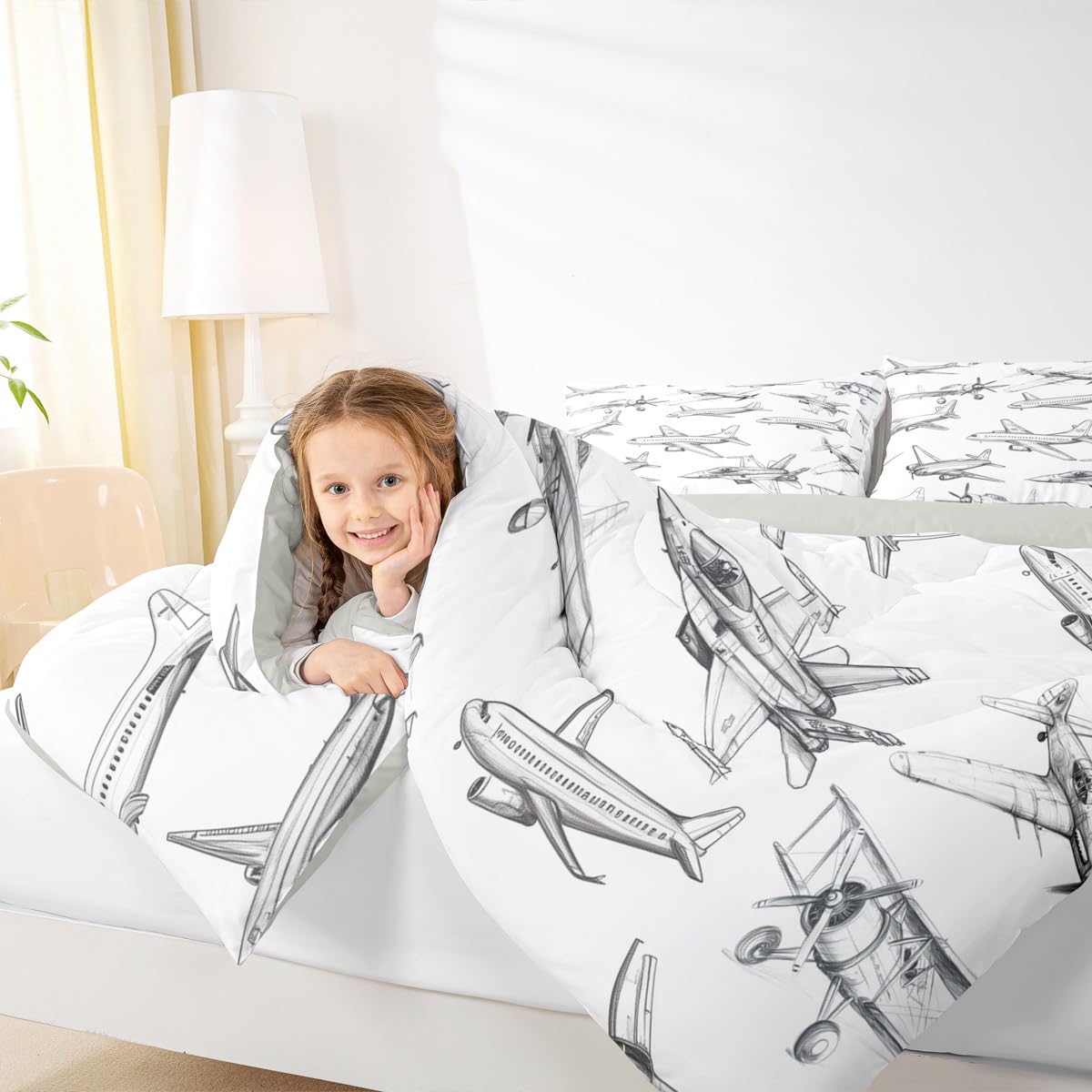 Homewish Airplane Comforter Set Twin Size Aircraft Bedding Set 2Pcs for Kids Girls Boys Teens Bedroom Decor Black White Sketch Print Quilt Set Flying Theme Duvet Insert,1 Pillowcase