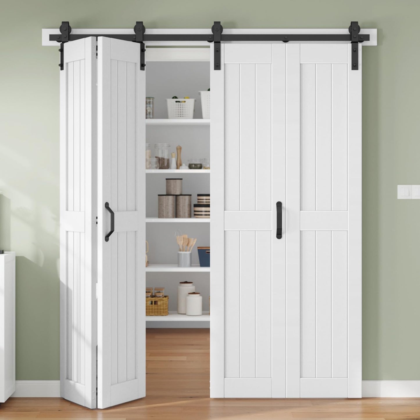 Finosen Bifold Barn Door 96 x 84 in (Four 24x84 Inch),Bi-fold Sliding Closet Doors with Hardware Track kit Included 8.6ft Rail for 4 Doors and Track Connector Black,DIY Assembly,Save Space.