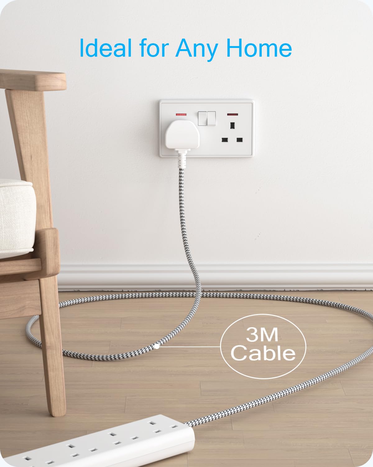 LENCENT Extension Lead with USB C Port, 3250W 13A, 6 Way Outlets Power Strip with 1 USB-C and 2 USB Slots, Multi Power Plug Extension with 1.8M Braided Extension Cord for Home Office, White