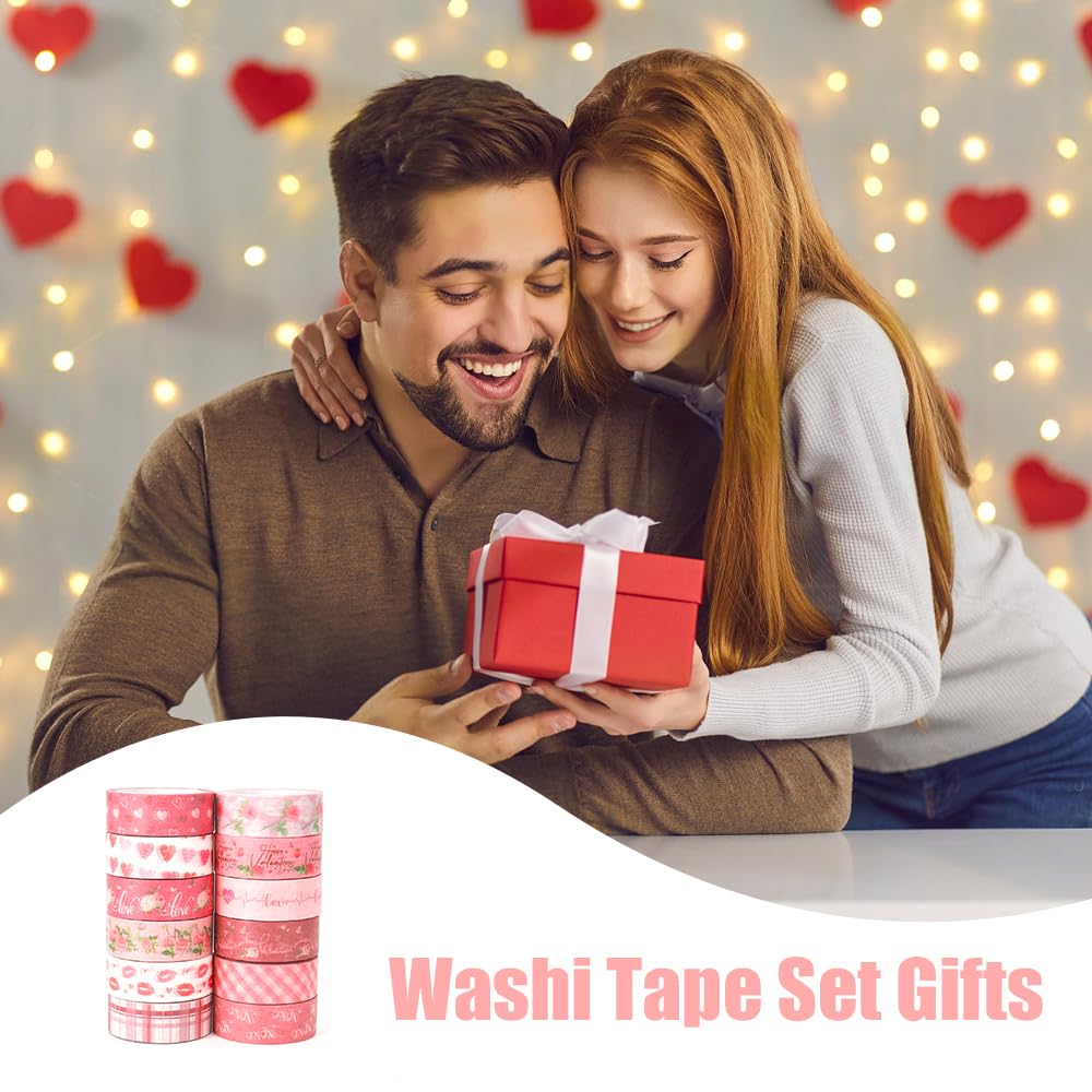 Koudindg Pink Red Washi Tape Set for Valentine's Day 12 Rolls Washi Tape for Journaling Anniversary Scrapbook Supplies Love Scrapbook Stickers Gifts for Girlfriend Stocking Stuffers for Women