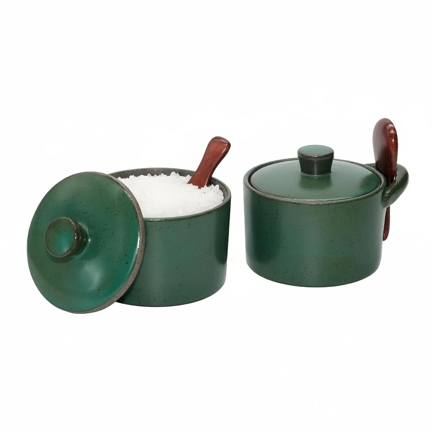 seicasaya Handcrafted Speckled Ceramic Salt Cellar with Wooden Spoon, Rustic Vintage Spice Jar, Dishwasher Safe, 8.45 fl oz (Vintage Green set of 2)