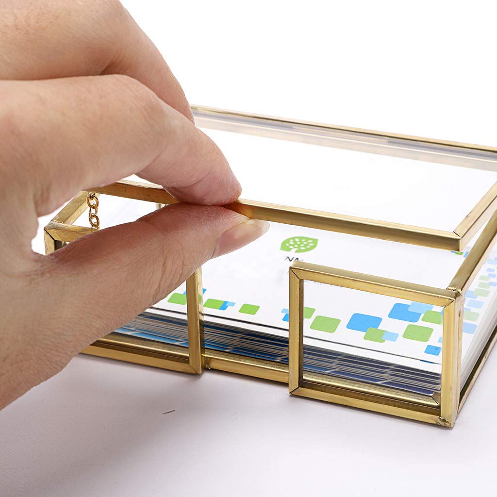 Hipiwe Glass Business Card Holder Box with Lid - Desktop Name Card Display Box Organizer Gold Metal Business card Container Box for Office Countertop