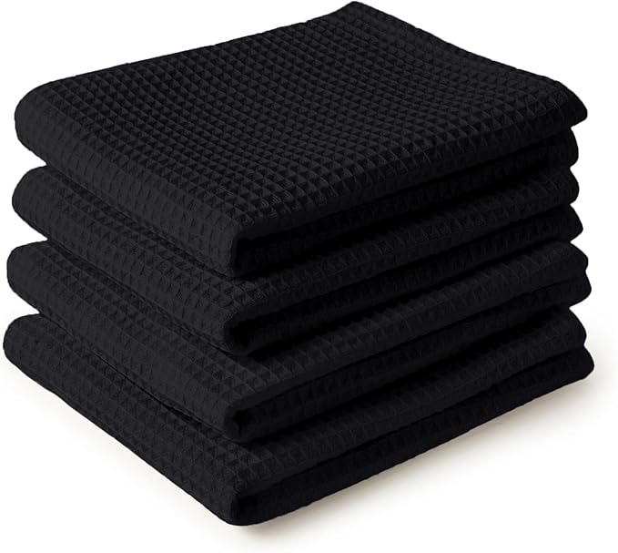Encasa XO Kitchen Dish Towels Set | Black | Waffle Weave and Flat Hand Tea
