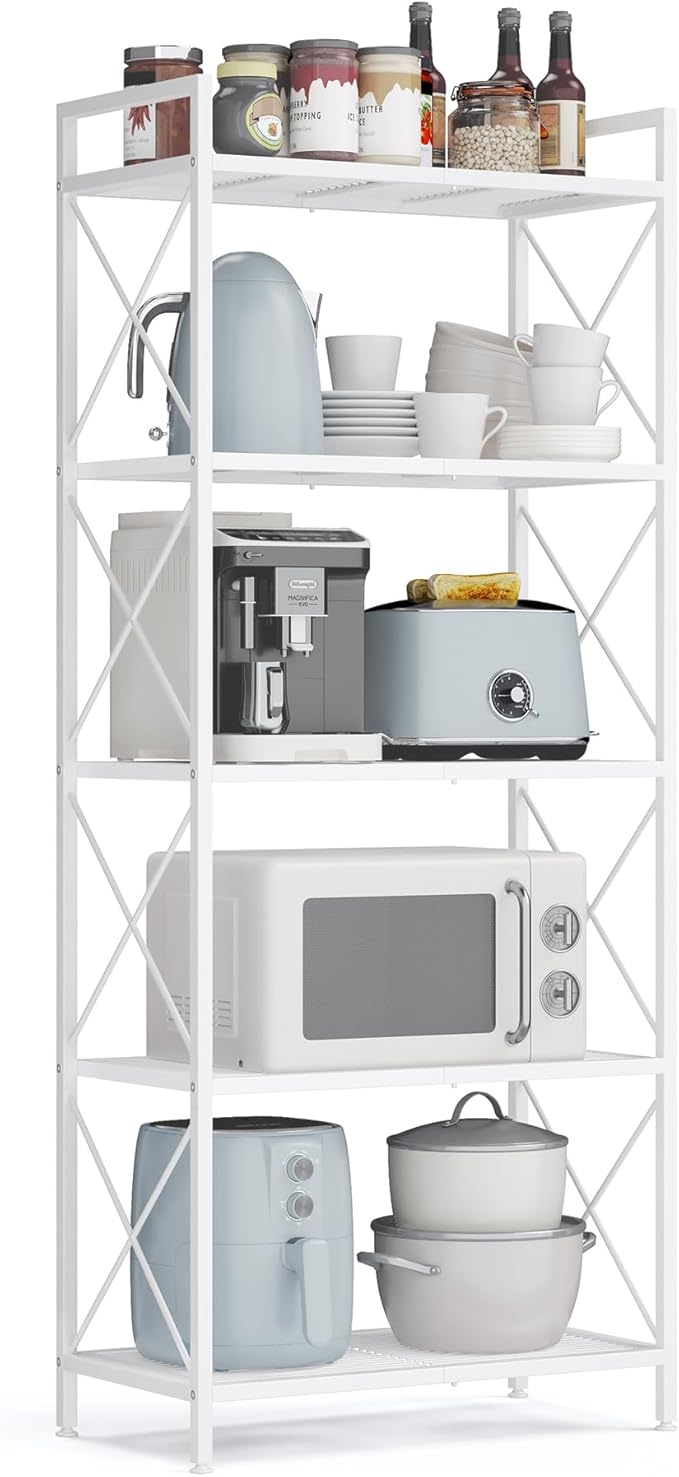 SONGMICS 5-Tier Metal Storage Rack, Shelving Unit with X Side Frames, Dense Mesh, 12.6 x 23.6 x 57.3 Inches, for Entryway, Kitchen, Living Room, Bathroom, Industrial Style, Cloud White UBSC165W01
