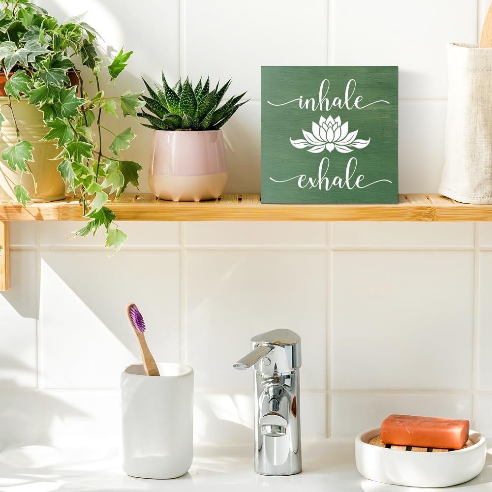 Pishovi Inhale Exhale Wooden Box Sign, Lotus Inhale Exhale Mindful Wood Door Sign for Home Office Farmhouse Bedroom Yoga Spa Room, Meditation Quote Plaque Gifts for Women Friend Coach Yoga Lover