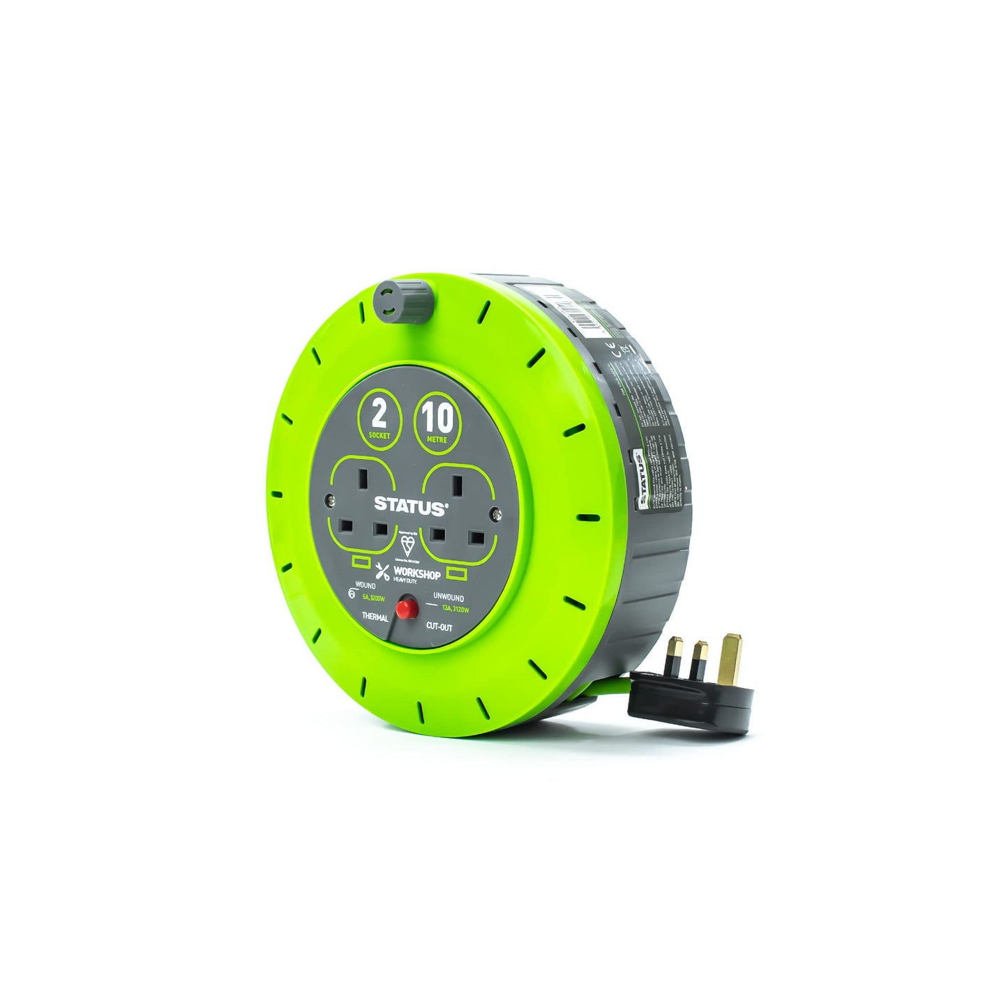 STATUS 2 Socket Cable Reel,10m Green Outdoor Extension Lead, Heavy Duty, 13 Amp, Thermal Cut Out Overload Protection, Ideal for Garden Power Tools,DIY Use, Workshop (S13A10MCR3)