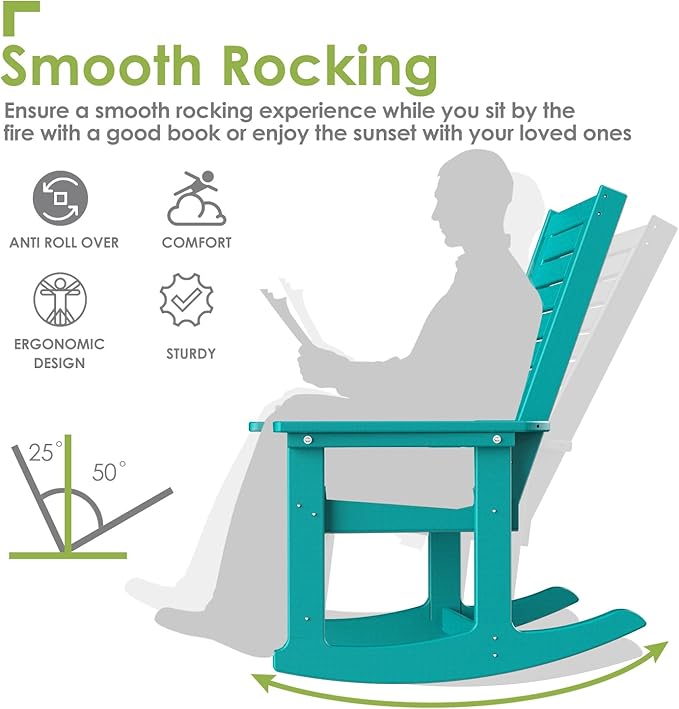 GREENVINES Outdoor Rocking Chairs | Set of 2 | Porch Rocker | HDPE Plastic | Aqua | Oversized Rockers | High Back | Big & Tall | Ladder Back | for Patio Outside Backyard Balcony Garden