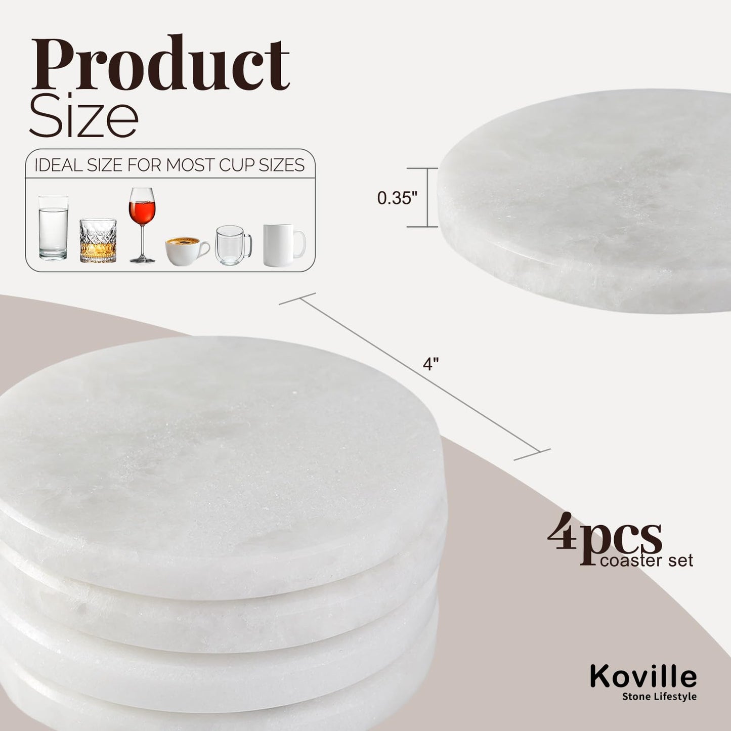 Koville Marble Coaster Set of 4, Round White Coasters, 4" Cup Coasters for Drinks, Heat Resistant Coaster for Coffee Table Home Office Bar Decor(Namib Fantasy)