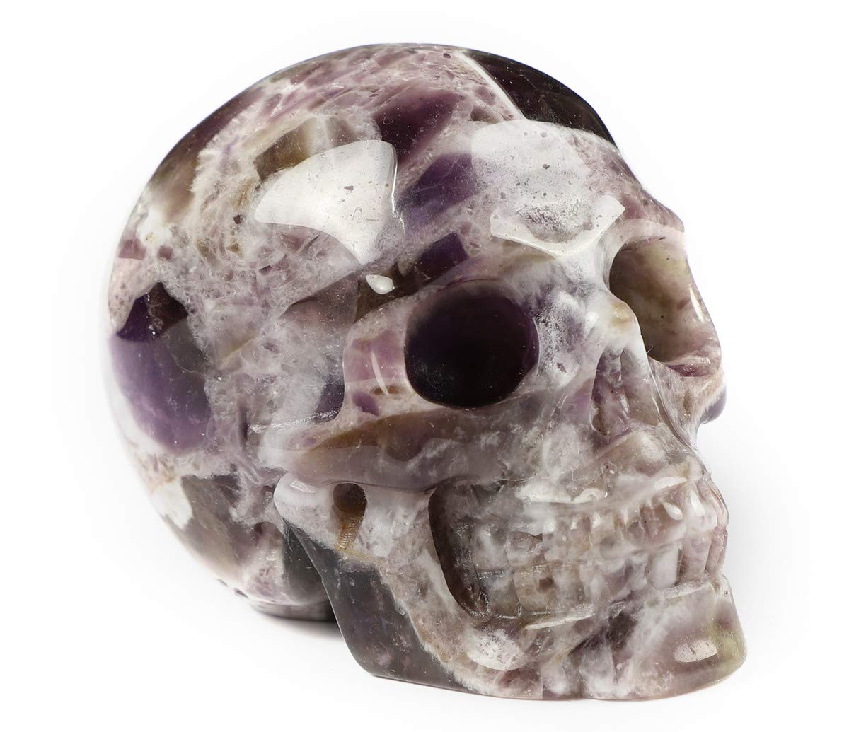 Skullis 2.0" Dream Chevron Amethyst Crystal Skull, Hand Carved Gemstone Fine Art Sculpture, Reiki Healing Stone Statue.1407