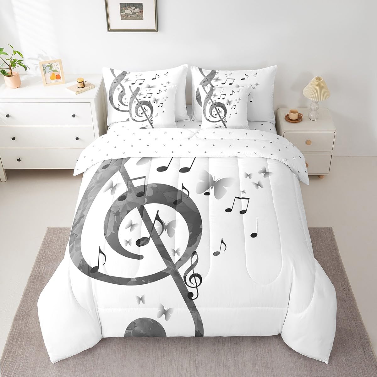 Feelyou Music Comforter Set with Sheets Queen Size Guitar Bed in a Bag for Boys Girls Teens White 7 Pieces Bedding Set Soft Lightweight Microfiber