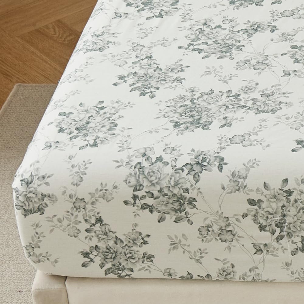 DAUAOTO 100% Cotton Bedding Printed Sheets Set for Full Size Bed Up to 14" Deep Mattress, Toile Rose Floral Pattern Bedlinen Sets, Gray