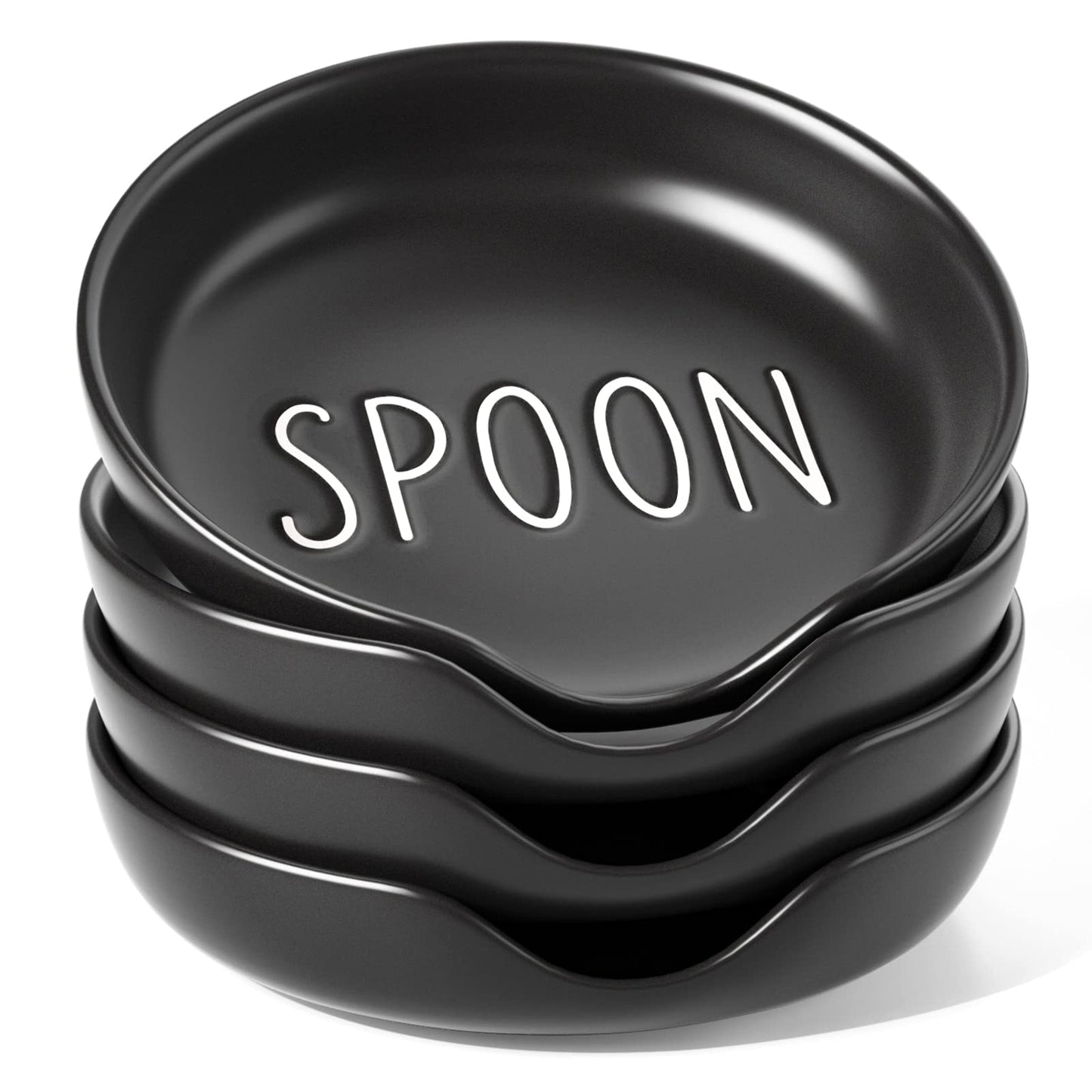 LE TAUCI Ceramic Spoon Rest for Stove Top, 5 Inch Spoon Holder for Kitchen Counter Set of 4, Kitchen Gadgets, Coffee Spoon Cradle, Home Accessories for Utensils, Dishwasher Safe, Black