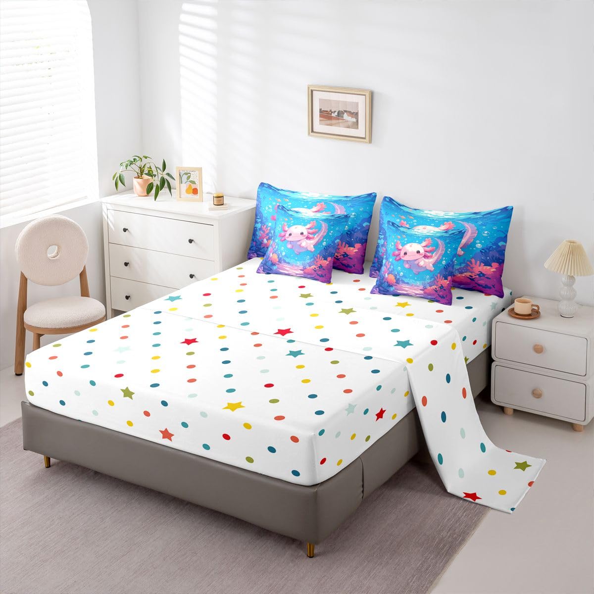 Erosebridal Axolotl Girls Pink Blue Ombre 7 Piece Bedding Set Twin | Cartoon Ocean Sealife Comforter Set with Sheets Cute Salamander Bed in A Bag Coral Kawaii Bed Sets