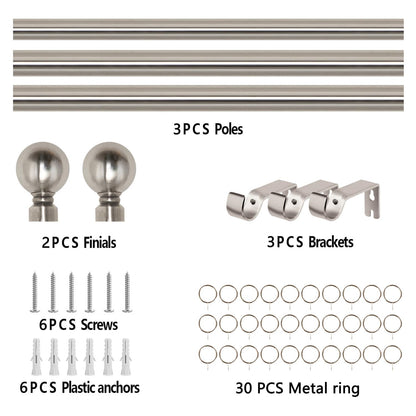 Aspire Homeware Curtain Poles Metal Plain Ball Extendable Curtain Pole 160 cm to 300 cm Brushed Silver Adjustable Curtain Rod 28 mm Diameter with 60 mm Finials, Rings, Brackets, and Fittings Set