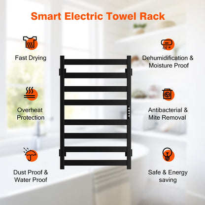Towel Warmer, Towel Heater Rack for Bathroom, 8-bar Electric Towel Dryer Wall-Mounted Plug-in Bath Heater, 201 Stainless Steel Hot Towel Rack with Timer and Smart Temperature Control