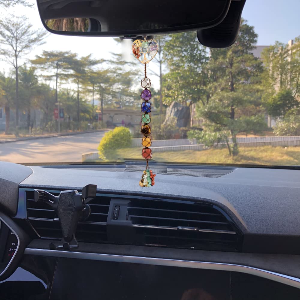 Cute Handmade Crystal Chakra Swinging Hanging Ornaments Mirror Hanging Car Accessories Tree of Life Stone Tree Feng Shui Window Ornament for Home Decor