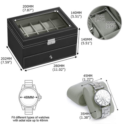 J&T Technology 20-Slot Watch Box for Men,2 Layers Watch Box Organizer,Watch Display Case with Glass Lid,Watch Holder Organizer with Removable Pillows,Gift for Loved Ones(20 Slot)