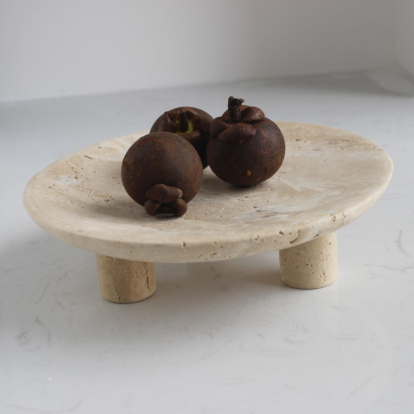 Nawgnail Handmade Travertine Fruit Bowl for Kitchen Counter 10", Large Decorative Bowl for Home Decor, Modern 3-Legs Serving Plate, Key Bowl for Entryway