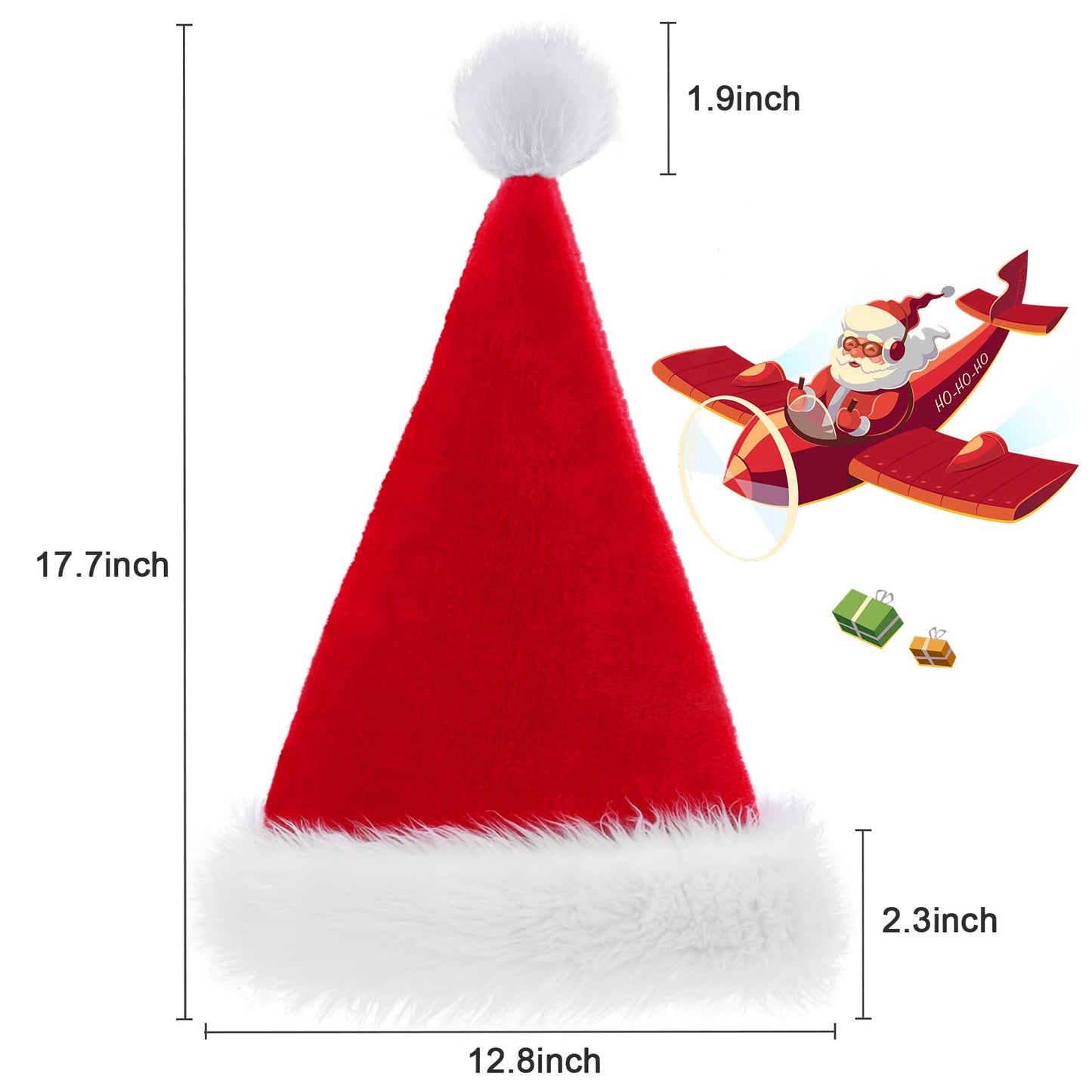 PUHPIG Santa Hat for Adults, Christmas Hat Unisex Double Layer Thicken Velvet Comfy Holiday Xmas Hat for New Year Festive Party