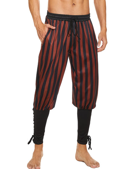 Mens Vintage Striped Pirate Pants Costume, Halloween Medieval Ankle Banded Pants, Renaissance Gothic Viking Navigator Trousers (L,Black-Brown)
