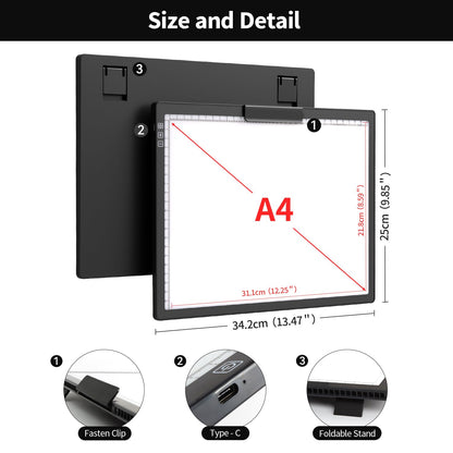 Zocelight Rechargeable A4 Light Box,led Light pad with Built-in Stand & Clip,6 Levels of Brightness Light Box for tracing,Diamond Painting.Light Table for Artists,Drawing,Sketching,Animation,X-ray