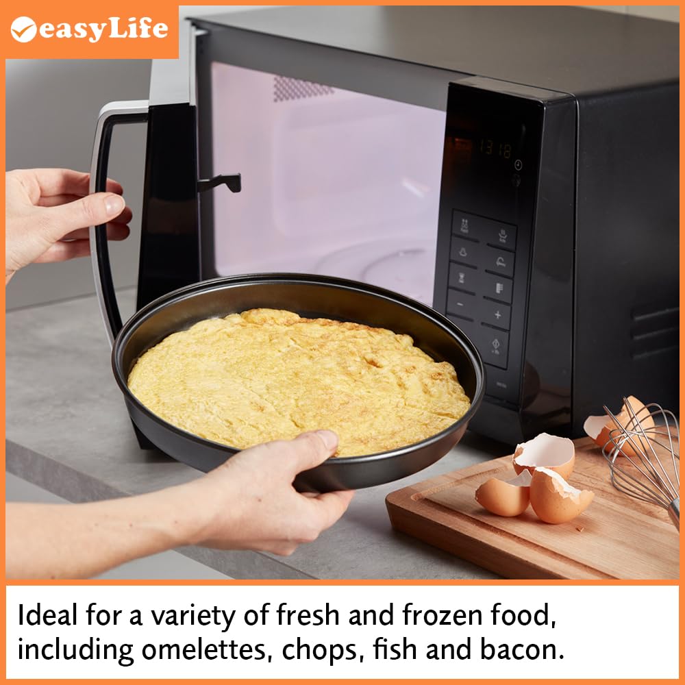 Easylife Microwave Chip Pan, 25cm Non-Stick Microwave Dish for Oven Chips, Omelettes, Bacon and Pizza, Microwave Cookware, Dishwasher Safe | Black