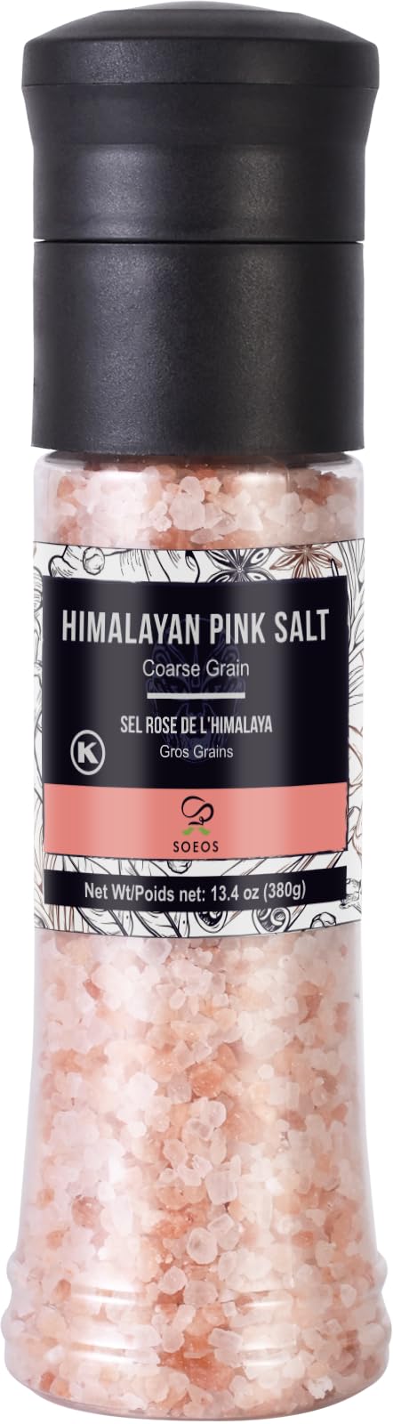 Soeos Salt Grinder Set, Himalayan Pink Salt, Coarse Grain, Salt for Grinder Refill, 13.4 Oz (380g), Refillable Plastic Bottle, Rock Salt, Kosher Salt Set (Pack of 1)