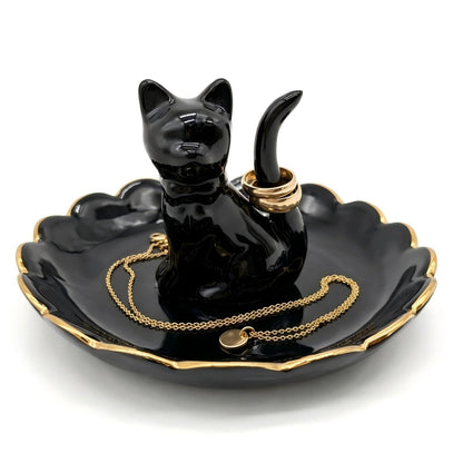 ROSA&ROSE Cat Ring Holder Trinket Tray Ceramic Jewelry Dish Porcelain Ring Organizer,Gift for Women,Girlfriend,Wife,Birthday or Anniversary(Black bow)