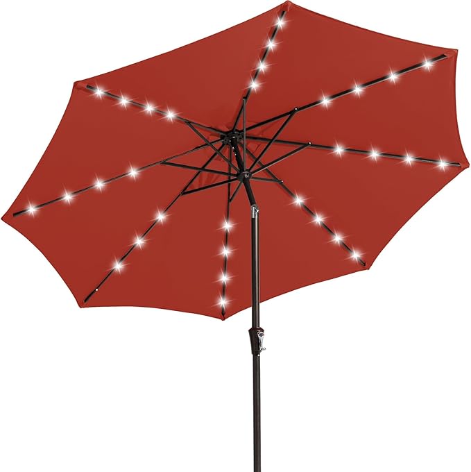 JEAREY 9FT Outdoor Patio Umbrella with Solar Lights, LED Lighted Pool Umbrella with Tilt and Crank, Outdoor Table Umbrellas for Deck, Yard & Market (Red)