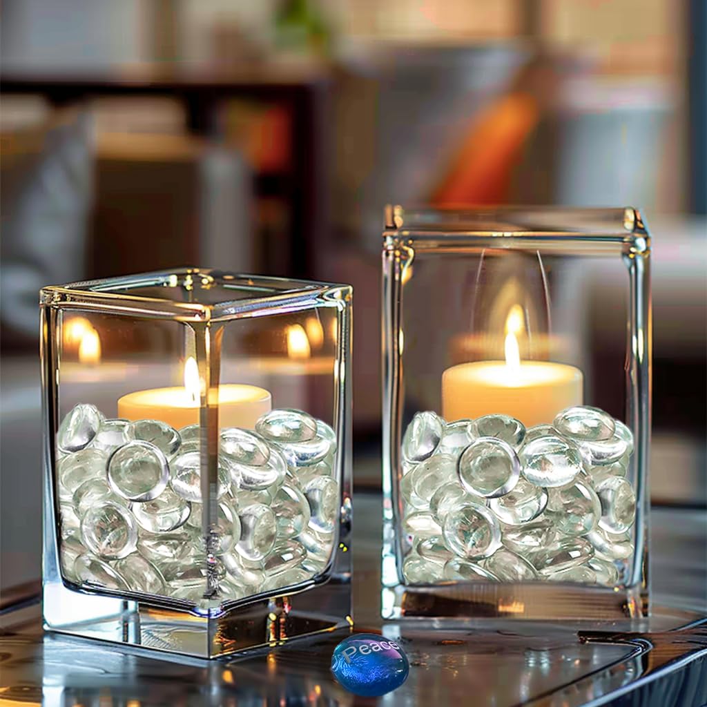 HappyFiller 5 LB 500 Pcs Clear Flat Marbles Glass Gems for Vase Filler Decorative Candle Holder Stones Fountain Rocks,Aquarium Fish Tank Pebbles,Fire Pit Glass Beads Fireplace Decor