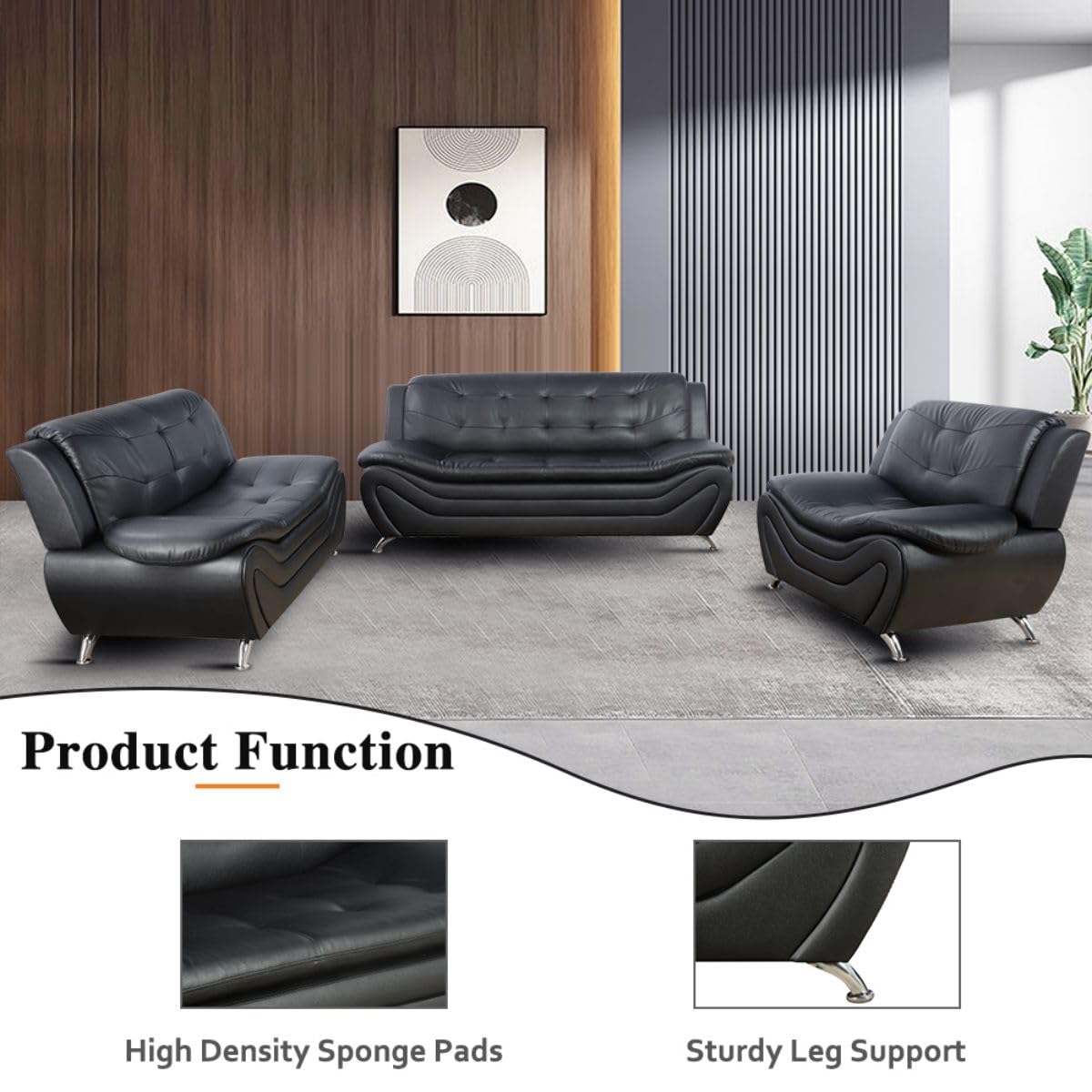 UOCFYK Lounge Comfy Faux Leather Sectional Sofa Modern Couch for Small Living Room/Dorm/Bedroom/Office/Apartment for Small Spaces, (Black-1, Three-Piece)