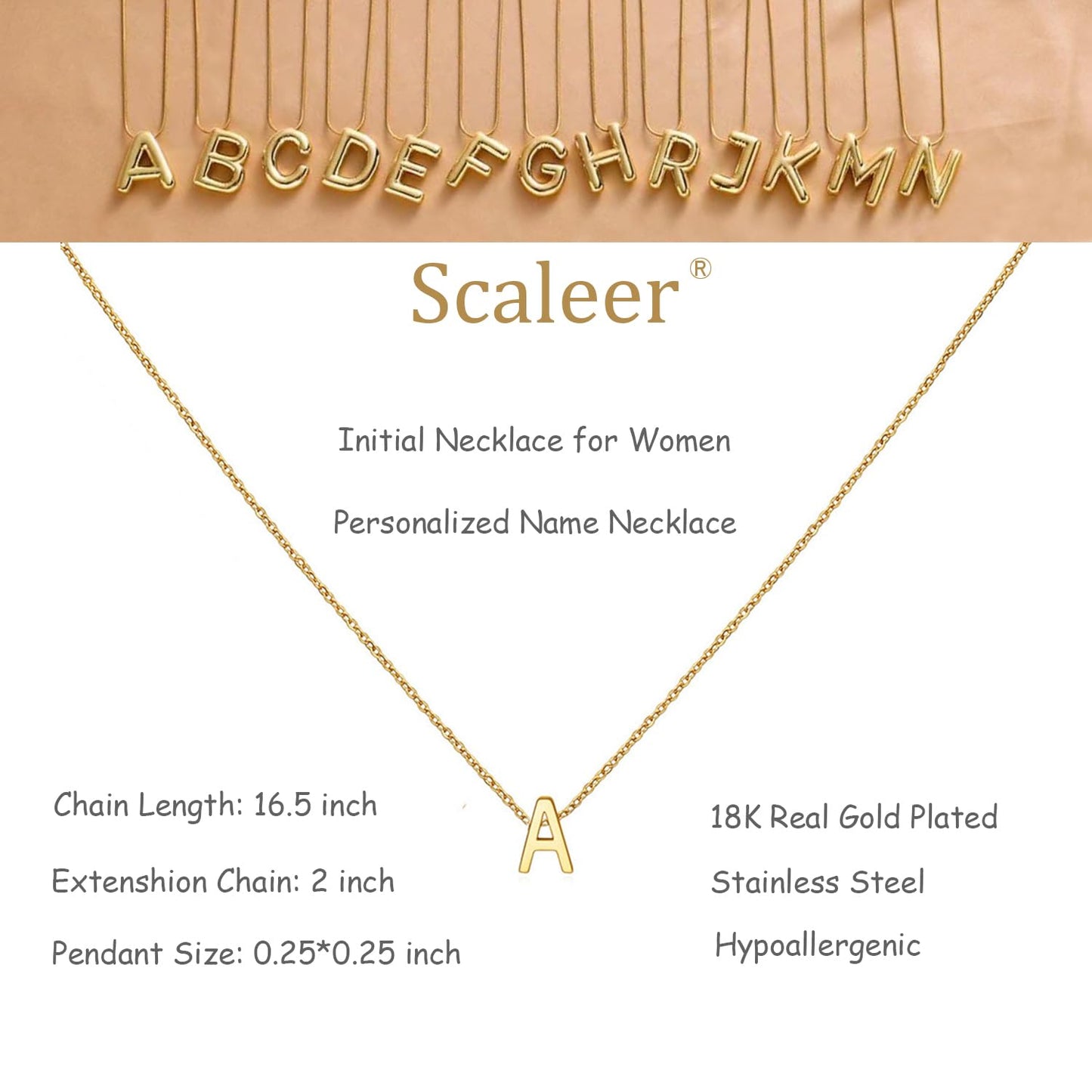 Scaleer Small Initial Necklace 18K Gold Plated Stainless Steel Tiny Letter S Necklace Personalized Monogram Name Necklace for Women