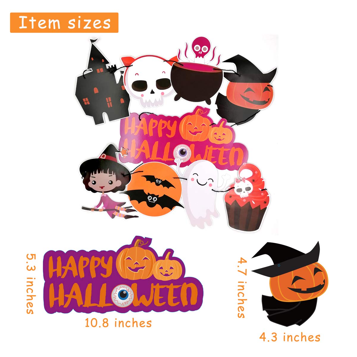 2025 Halloween Banner Party Decoration（Pre-Assembled） Cute Halloween Garland Bunting Banner Triangle Flag with Foil Swirl Ceiling Hanging Cards, Pumpkin Ghost Witches Bat Spider Skull Sticker