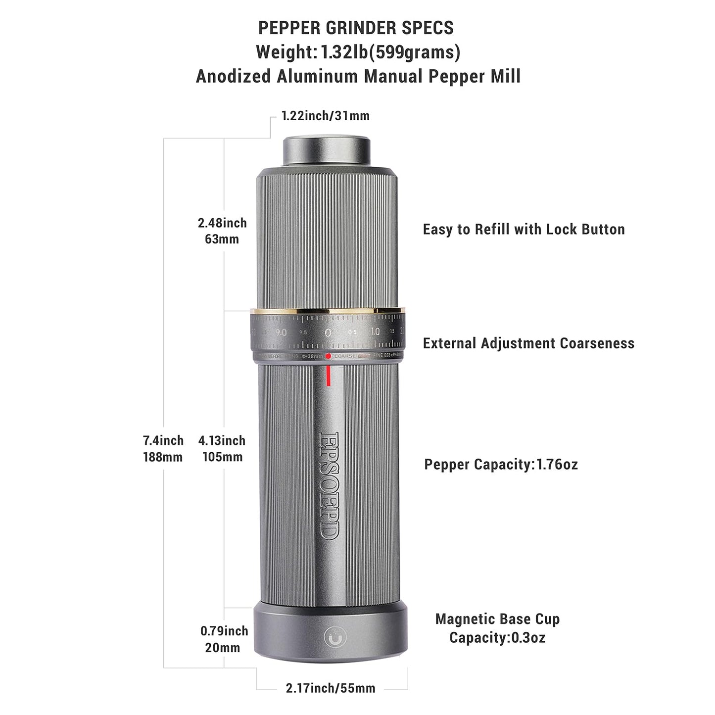 EPSOEPD Heavy Duty Metal Pepper Mill, Silver Gray | Refillable High Output Stainless Steel Pepper Grinder with Adjustable Coarseness Via External Dial & Magnetic Bottom Cover, Top Lock Button for Home
