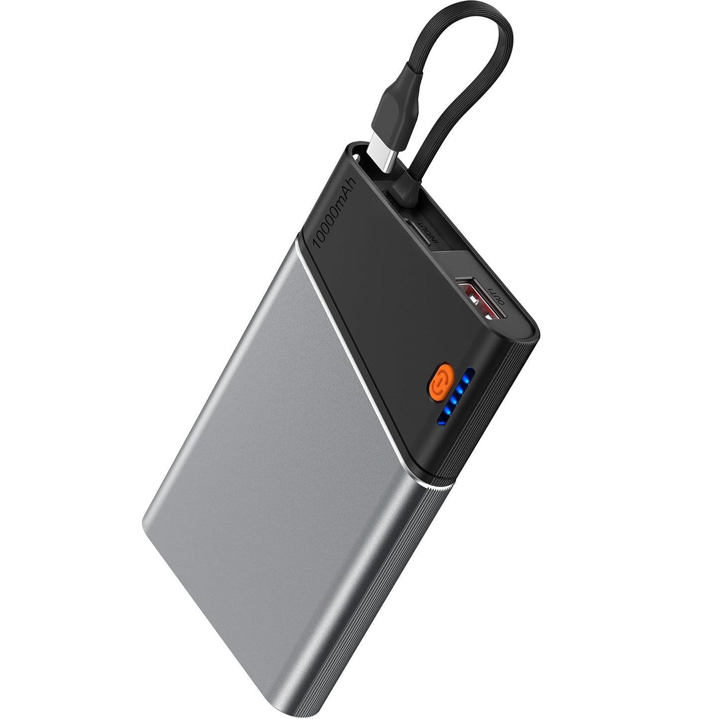 Aaoyun Portable Charger Power Bank, 10000mAh 22.5W PD Fast Charging Powerbank with Built-in USB C Cable, Slim External Phone Battery Pack for iPhone 17/16/15 Samsung S24 Android etc (Grey)