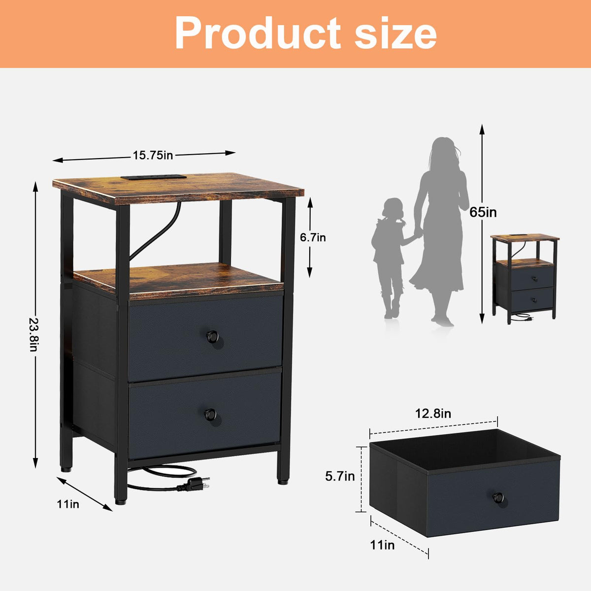 Smoproper Nightstand with Charging Station, Bedside End Table with 2 Fabric Drawers for Bedroom, Side Table with USB Ports and Outlets (Brown Black)